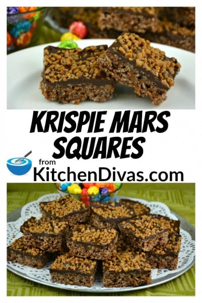 Krispie Mars Squares are one of my favorites! Every bite has just the right amount of chocolate, caramel and crunch! These bars are different than the original rice krispie squares we are all used to and so much better! https://kitchendivas.com/krispie-mars-squares/