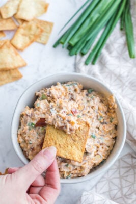 Overhead photo of a cracker dipped into a bowl of million dollar dip.