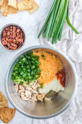 combine cheddar, mayo, almonds, green onions, hot sauce, garlic, onion powder and pepper in a large mixing bowl.