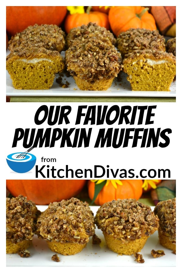 Our Favorite Stuffed Pumpkin Muffins are super moist, full of flavor, full of cream cheese and topped with praline pecans! This recipe is a definite keeper! https://kitchendivas.com/our-favorite-pumpkin-muffins/