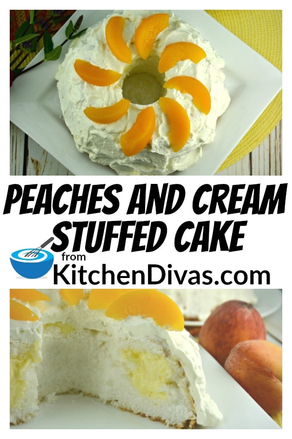 This Peaches and Cream Stuffed Cake is for my foodie friend Trudie. She is a lover of peaches and I finally got off my behind and filmed this delicious, easy and wonderfully creamy dessert! Although you can use practically any fruit, peaches are always my favorite fruit to use in this recipe! Perfect for the hotter weather, actually perfect for any time of the year! https://kitchendivas.com/peaches-and-cream-stuffed-cake/