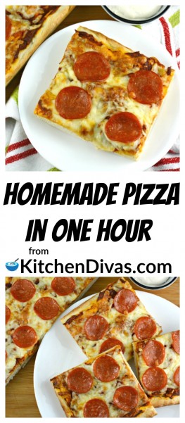 This is an amazing recipe to have in your arsenal! Quick and Easy Homemade Pizza in One Hour is just that! Homemade pizza, from pantry to plate, in just 1 hour! This recipe makes two 13x9 inch pizzas or four 8 or 9 inch round cake pan sized pizzas! Use your favorite toppings and this recipe will satisfy, every time! https://kitchendivas.com/quick-and-easy-homemade-pizza-in-one-hour/