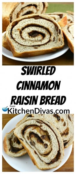 This Swirled Cinnamon Raisin Bread is nothing short of perfection! I love this bread fresh, out of the oven. It is so tasty fresh or toasted and buttered. My friend Lynda just toasts it, butters it and pours syrup all over it! You can also use this bread to make the most amazing french toast ever! So many options! All totally delicious! https://kitchendivas.com/swirled-cinnamon-raisin-bread/