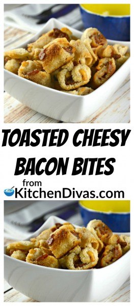 These Toasted Cheesy Bacon Bites are a fast and yummy snack! It is so hard not to eat the entire bowl yourself! Who doesn't love a little bit of cheese, bacon and onions in every crunchy bite? Even if you want to skip the bacon step this snack does not disappoint! I love appetizers like this. So easy to prepare and they disappear as fast as lightening! Well, that's what my husband Ken says anyways! https://kitchendivas.com/toasted-cheesy-bacon-bites/