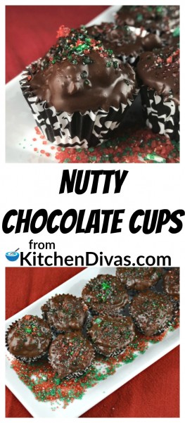 These Nutty Chocolate Cups are so tasty! The right amount of chocolate, peanut butter and caramel or butterscotch surround these peanuts! Truth be told, we make these all year round! With or without sprinkles! I just love these delightful bite sized treats! You will too! https://kitchendivas.com/nutty-chocolate-cups/